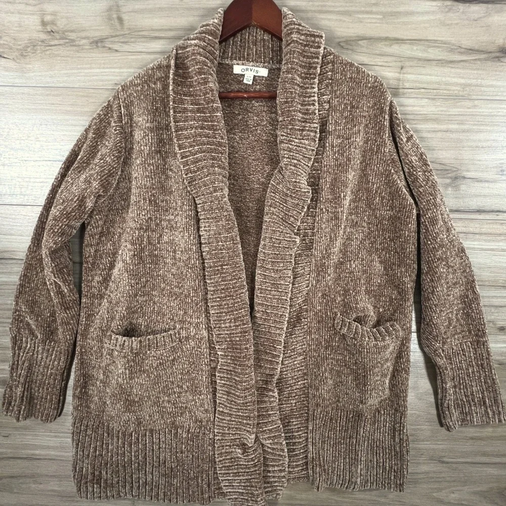 Orvis Brown Chenille Cardigan Sweater Shawl Collar Open Front Pockets Large